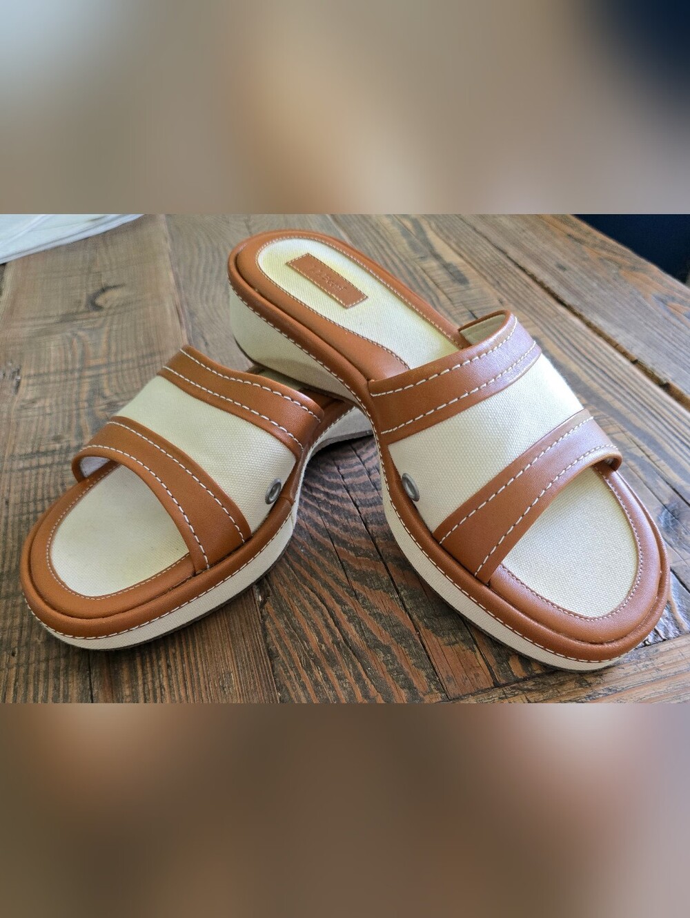 L.L. Bean Women’s Tan and Cream Slide Wedge Sandals Size 8